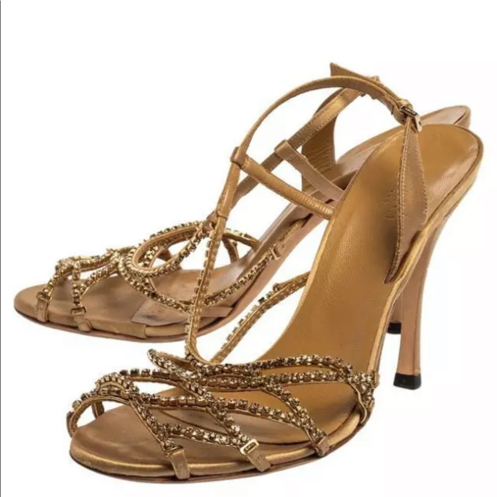 GUCCI Gold satin crystal embellished sandals, size 6.5